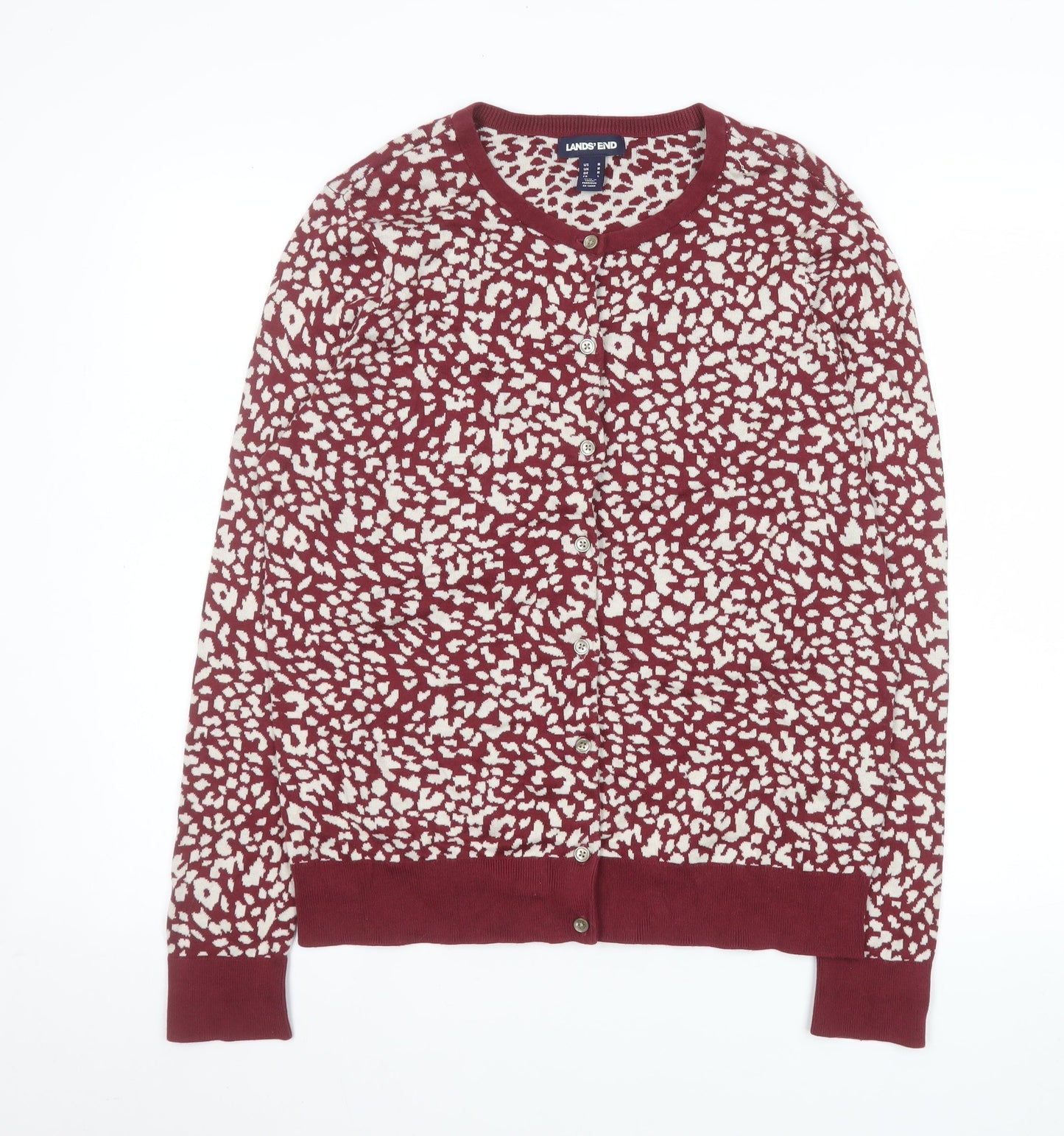 Lands' End Women's Red Animal Print Cotton Cardigan L