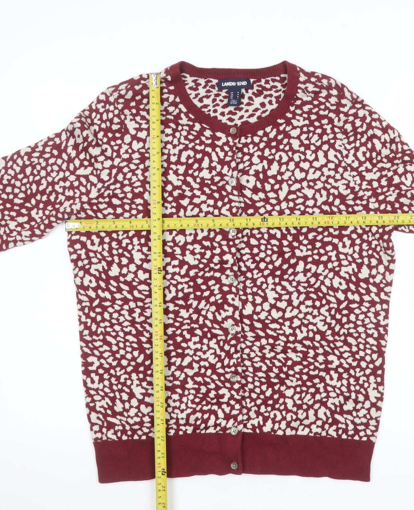 Lands' End Women's Red Animal Print Cotton Cardigan L