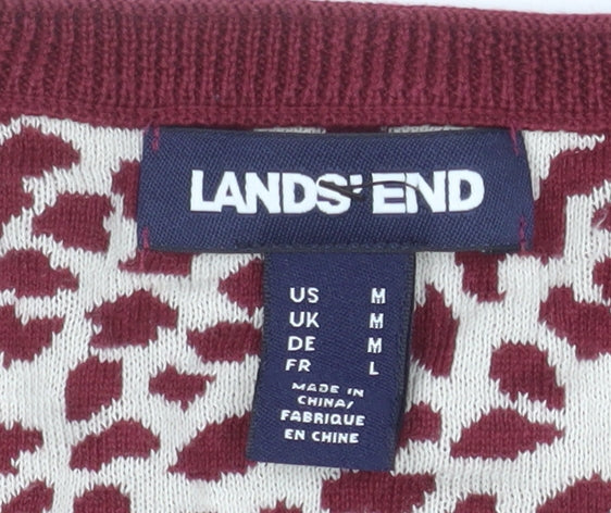 Lands' End Women's Red Animal Print Cotton Cardigan L