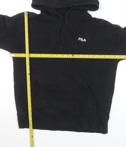 Back view of Fila Men’s Black Pullover Hoodie, size S, Logo Fleece Sweatshirt