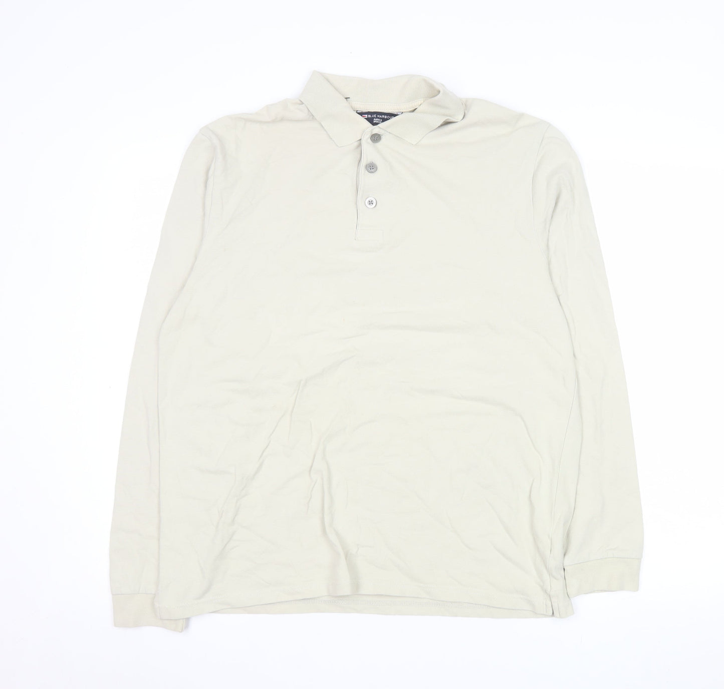 Marks and Spencer Men's Beige Long Sleeve Cotton Stretch Polo Medium