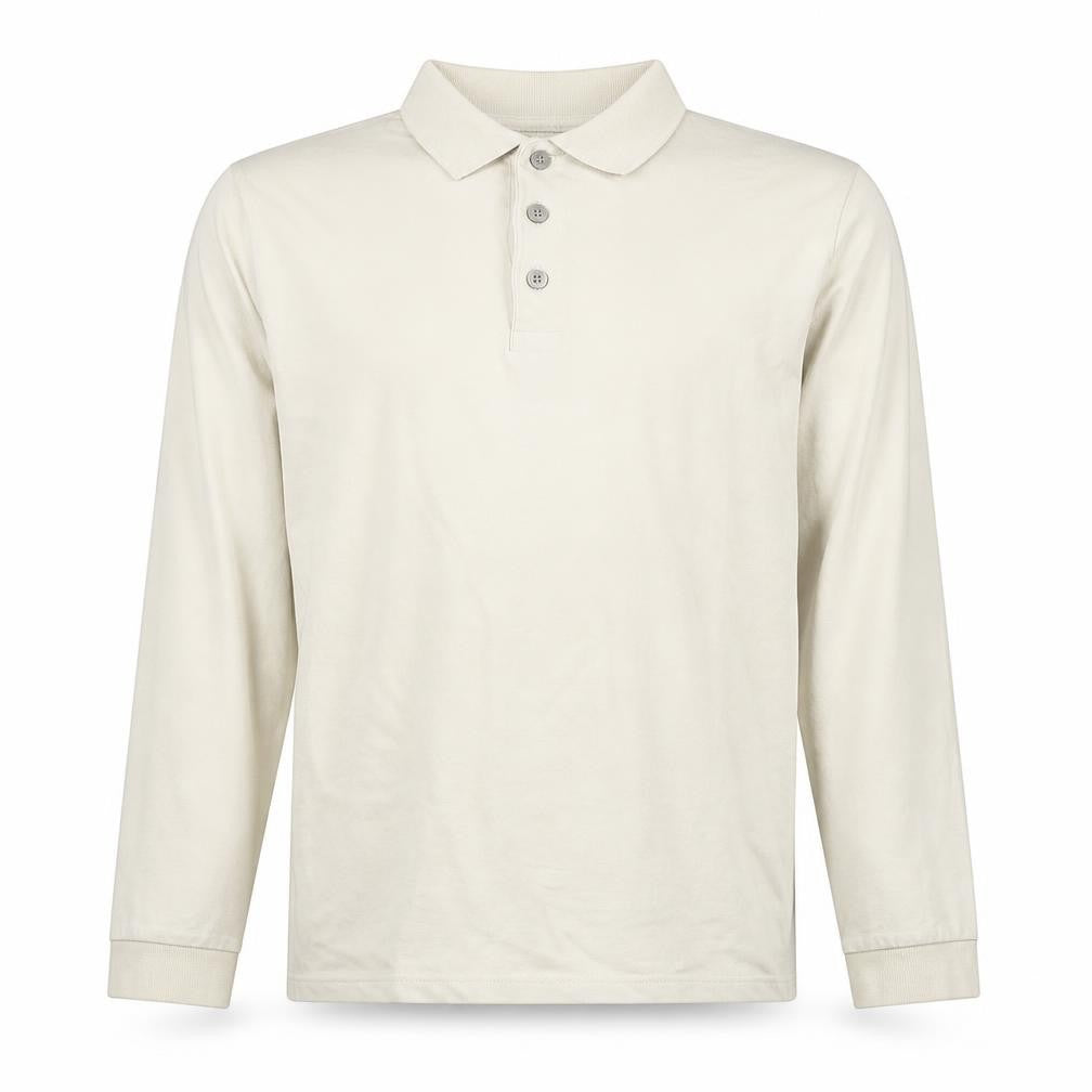 Marks & Spencer Men's Beige Long Sleeve Cotton Stretch Polo Medium