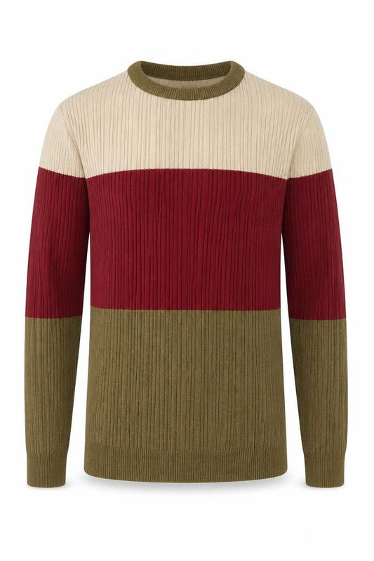 Front view of ASOS men’s beige red brown colour block cotton crew neck jumper m