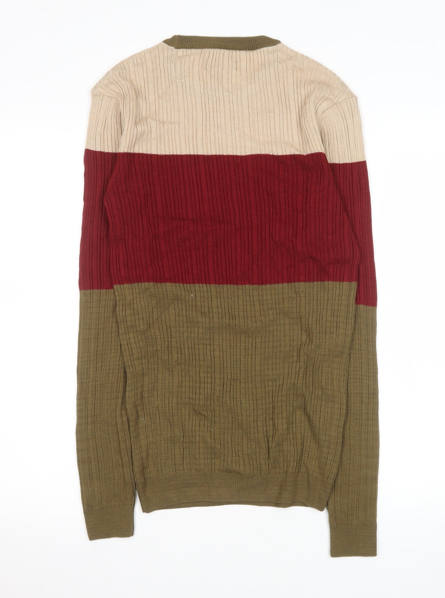 ASOS Mens Beige Red Brown Colour Block Cotton Crew Neck Jumper M