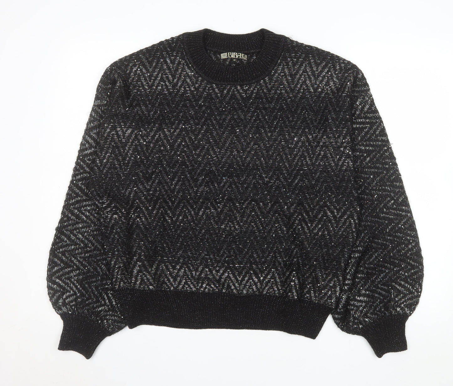 Biba Womens Black Metallic Knit Crew Neck Pullover Jumper Size M