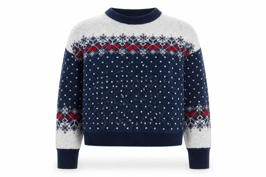 Front view of ASOS women’s blue fair isle knit jumper uk 10 crew neck winter