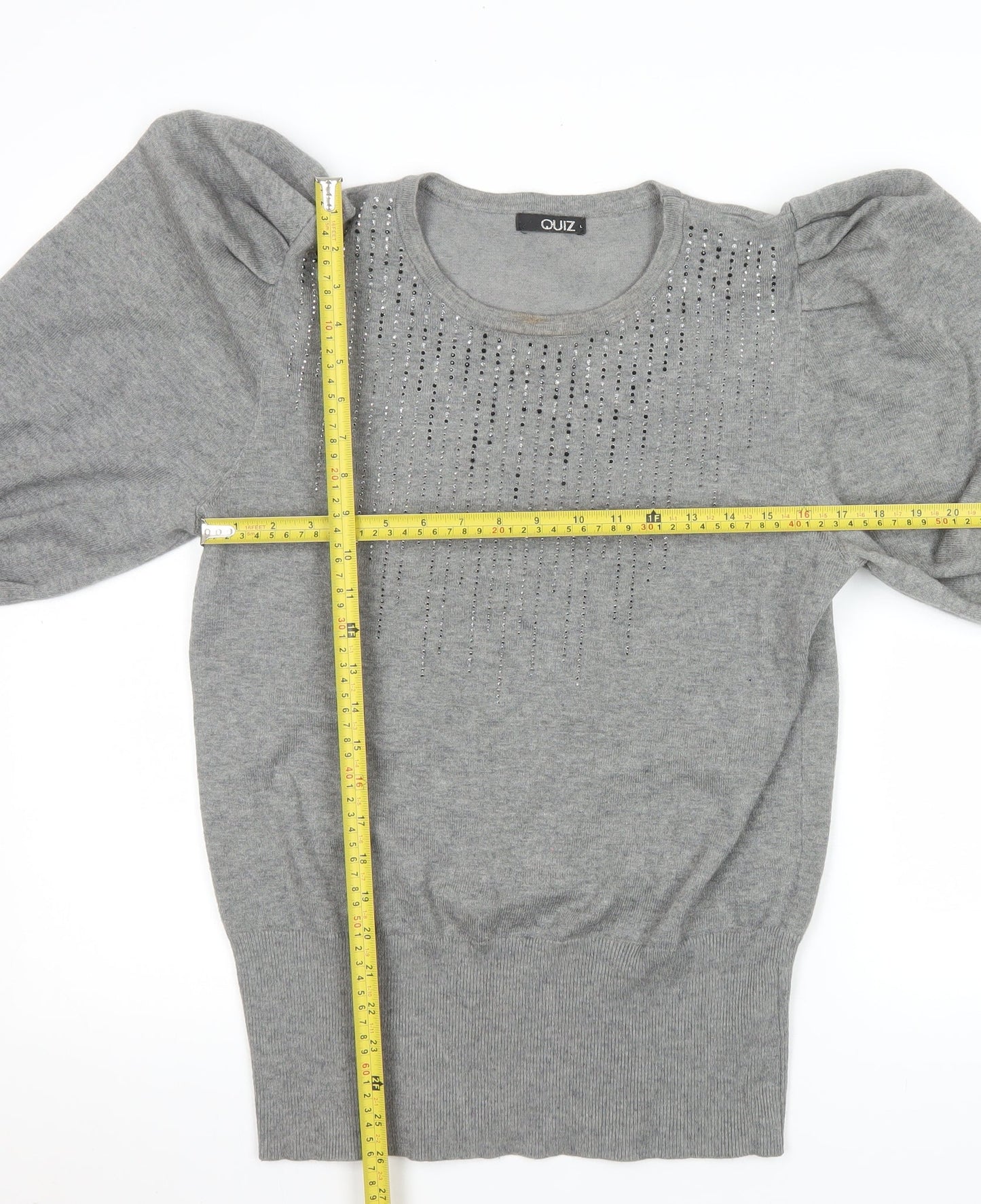 Quiz Womens Grey Sequin Puff Sleeve Pullover Jumper Size L