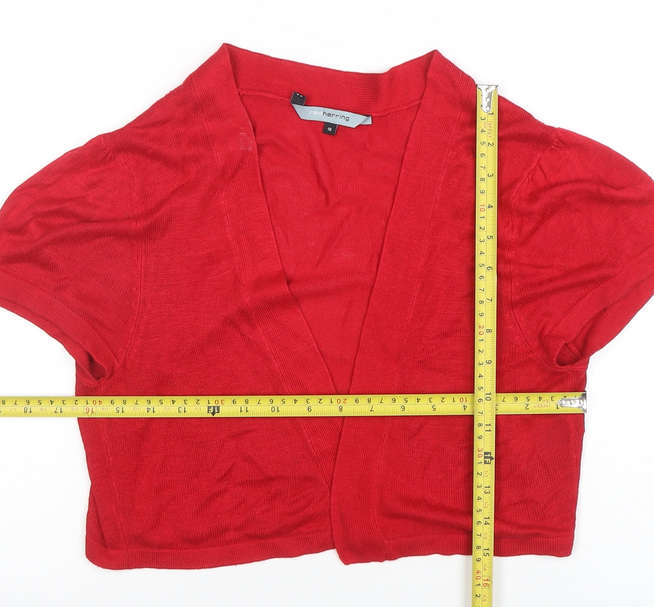 Red Herring Women’s Red Viscose Open Knit Short Sleeve Cardigan Size 16