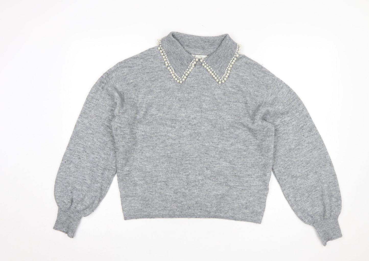 H&M Women Grey Beaded Collar Knit Jumper Size S