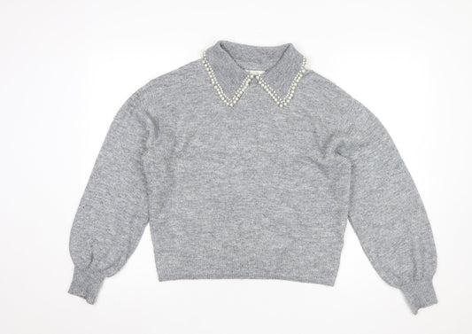 H&M Women Grey Beaded Collar Knit Jumper Size S