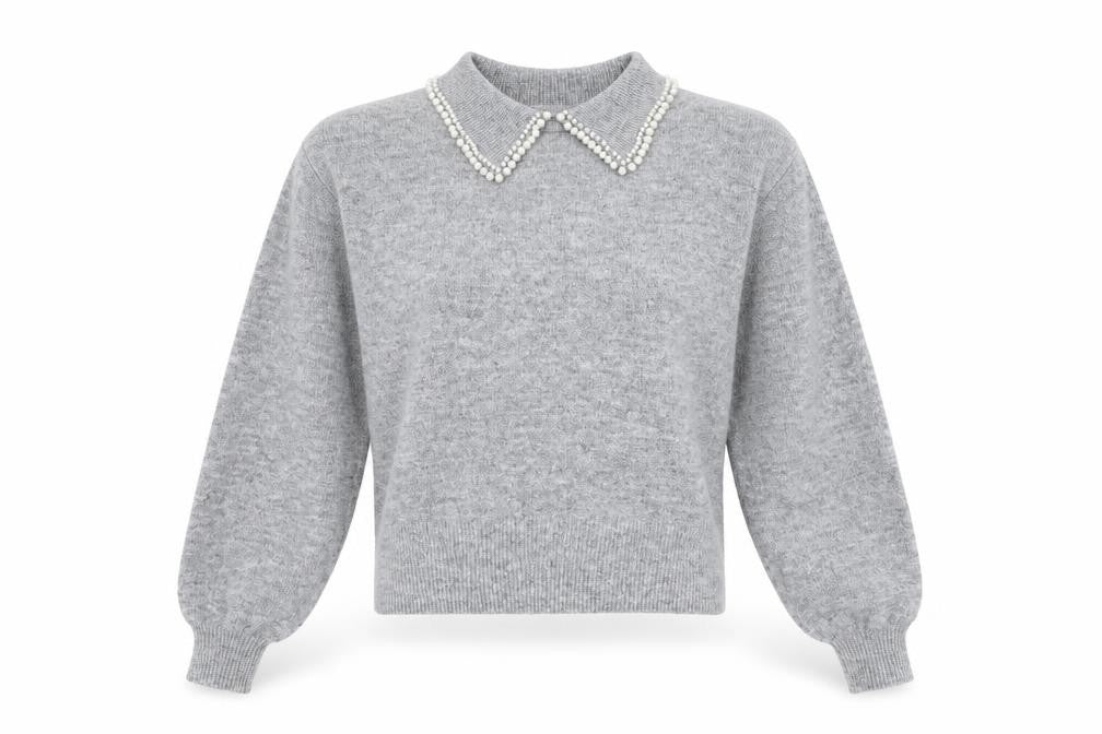H&M Women Grey Beaded Collar Knit Jumper Size S