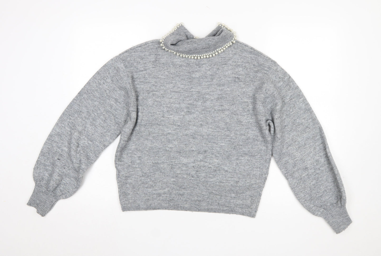 H&M Women Grey Beaded Collar Knit Jumper Size S
