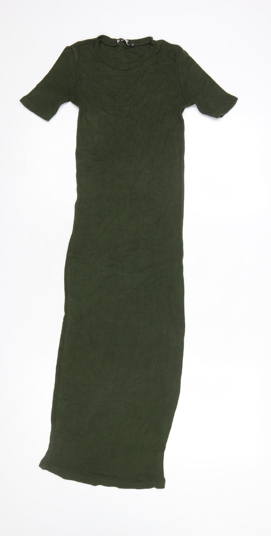 Zara Women Green Long T-Shirt Dress Size S Casual Jersey Stretch