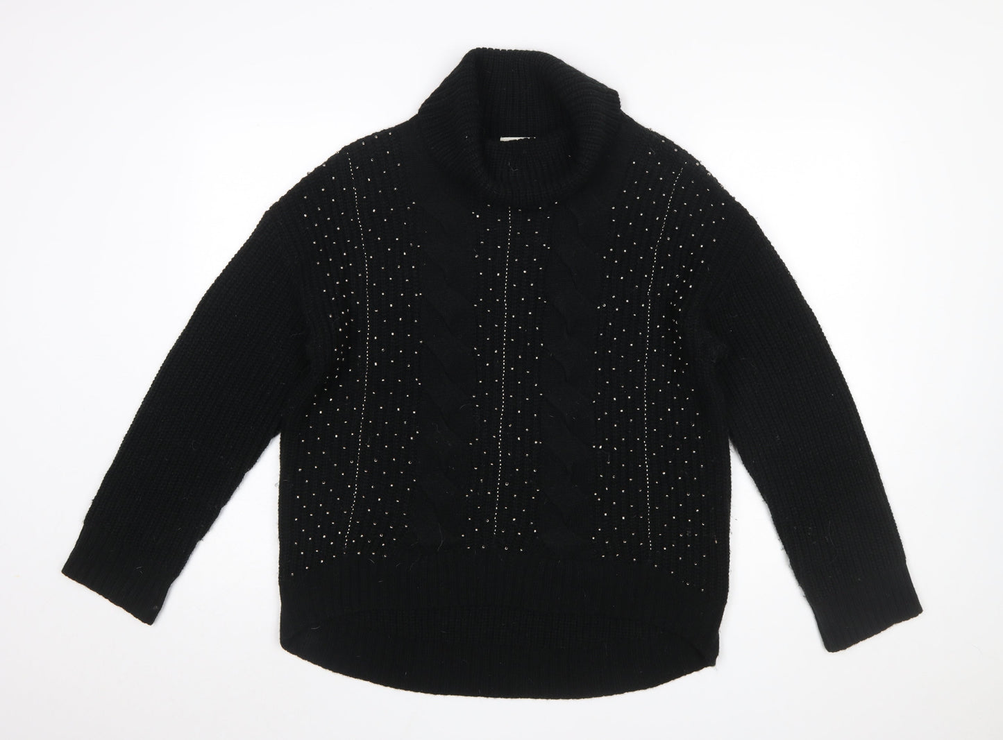 Marks and Spencer Women Black Roll Neck Cable-Knit Jumper Size 14