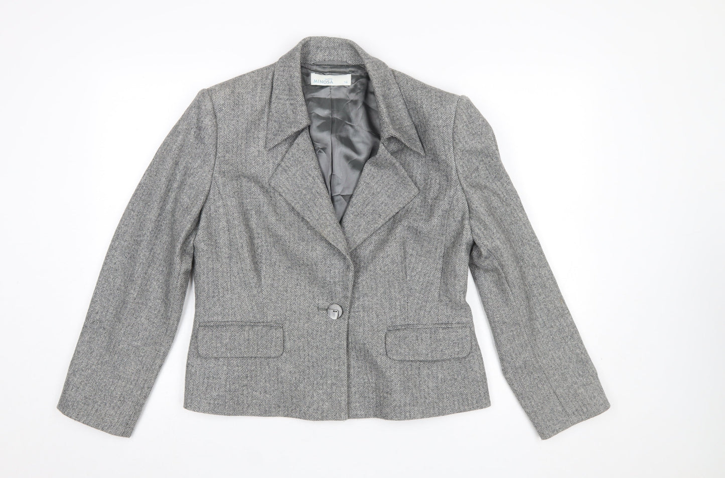 Minosa Women’s Grey Wool Blend Herringbone Petite Blazer Size 14