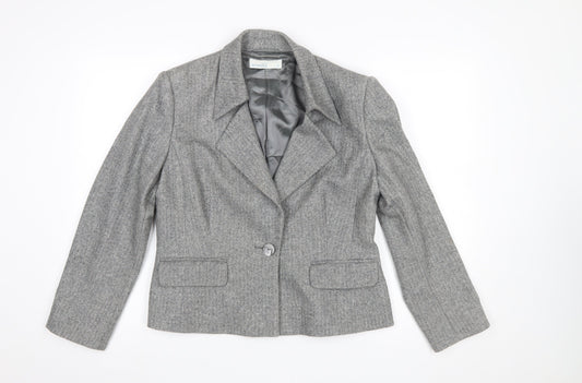 Minosa Women’s Grey Wool Blend Herringbone Petite Blazer Size 14