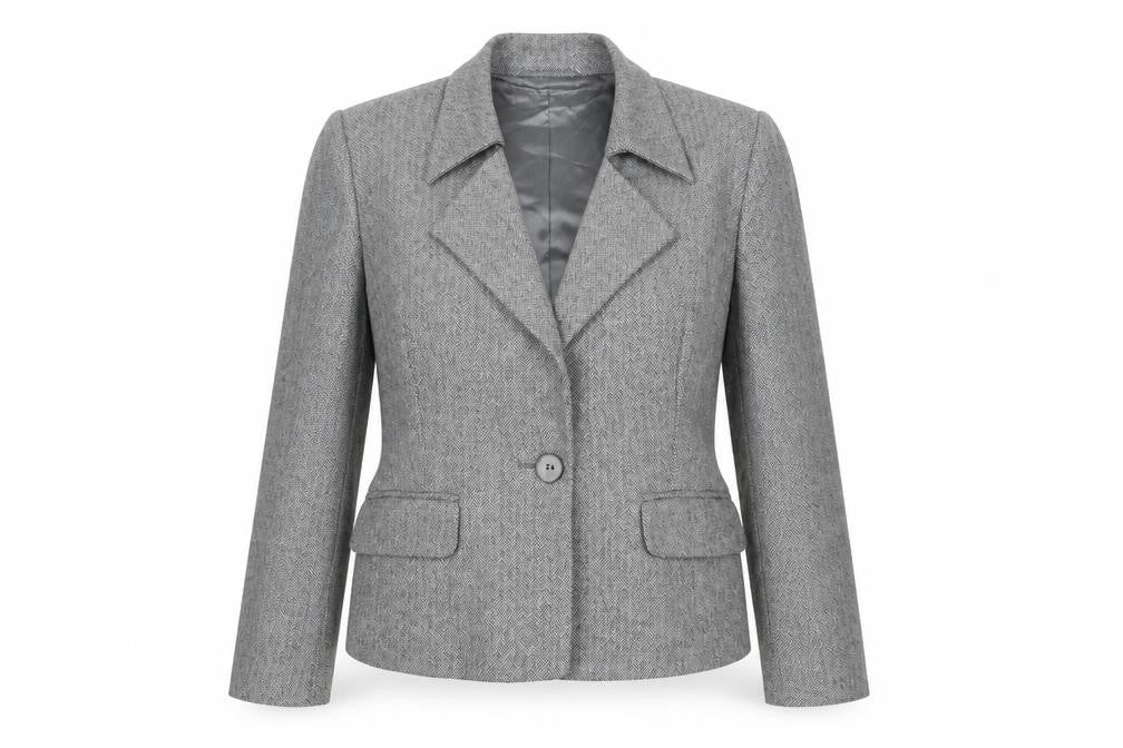 Minosa Women’s Grey Wool Blend Herringbone Petite Blazer Size 14