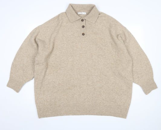 MNG Womens Beige Collared Henley Knit Jumper Size XL