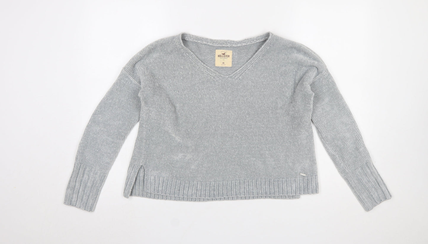 Hollister Women Grey V-Neck Knit Pullover Jumper XS