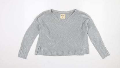 Hollister Women Grey V-Neck Knit Pullover Jumper XS