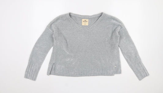 Hollister Women Grey V-Neck Knit Pullover Jumper XS