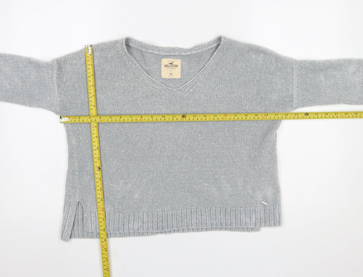 Hollister Women Grey V-Neck Knit Pullover Jumper XS