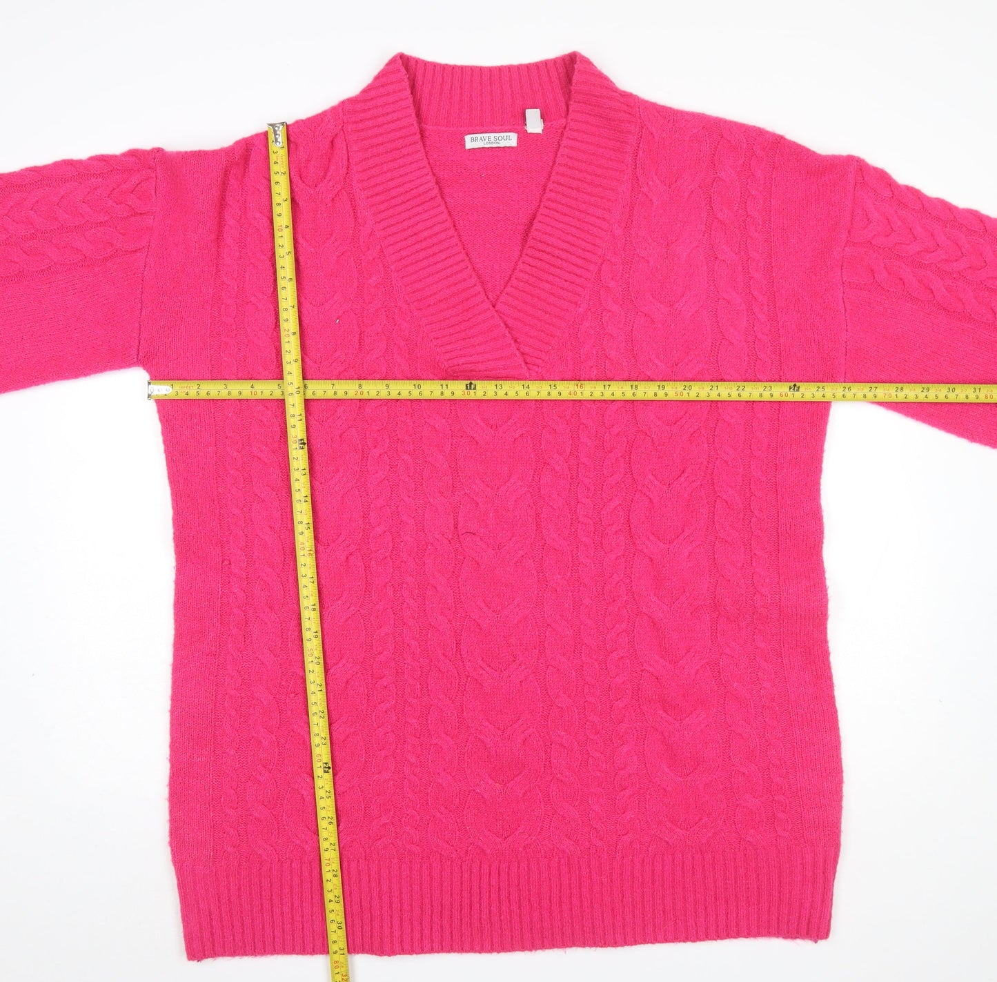 Brave Soul Women’s Pink Cable-Knit V-Neck Jumper Size L