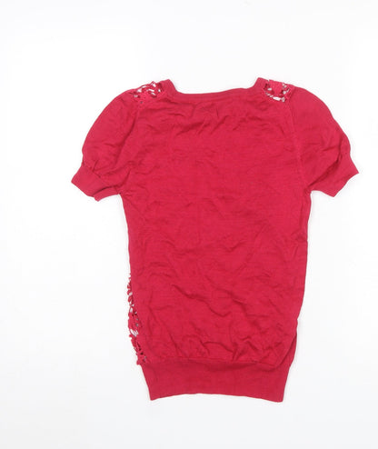 Close-up detail of French Connection Women's Red Lace Knit jumper XS