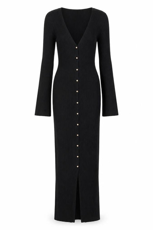 H&M Women’s Black Bodycon Long Sleeve Button Ribbed Midi Dress XS