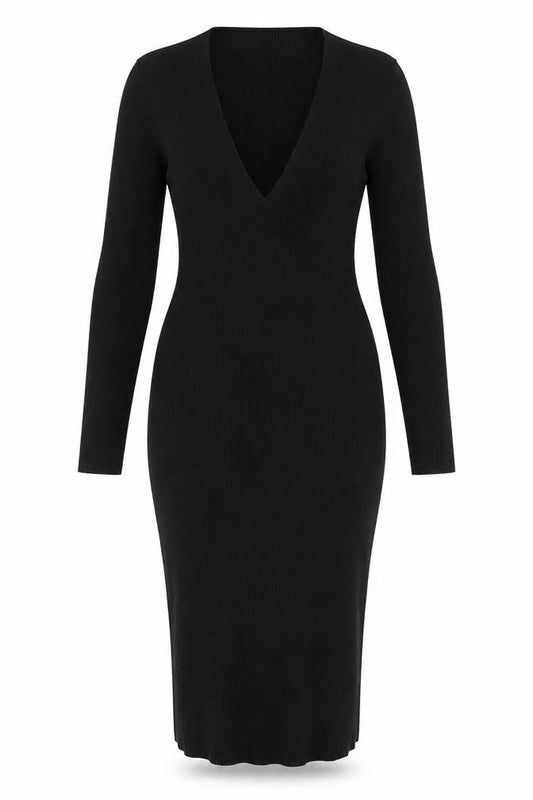 H&M Women’s Black Knit Bodycon Midi Dress Size L Long Sleeve