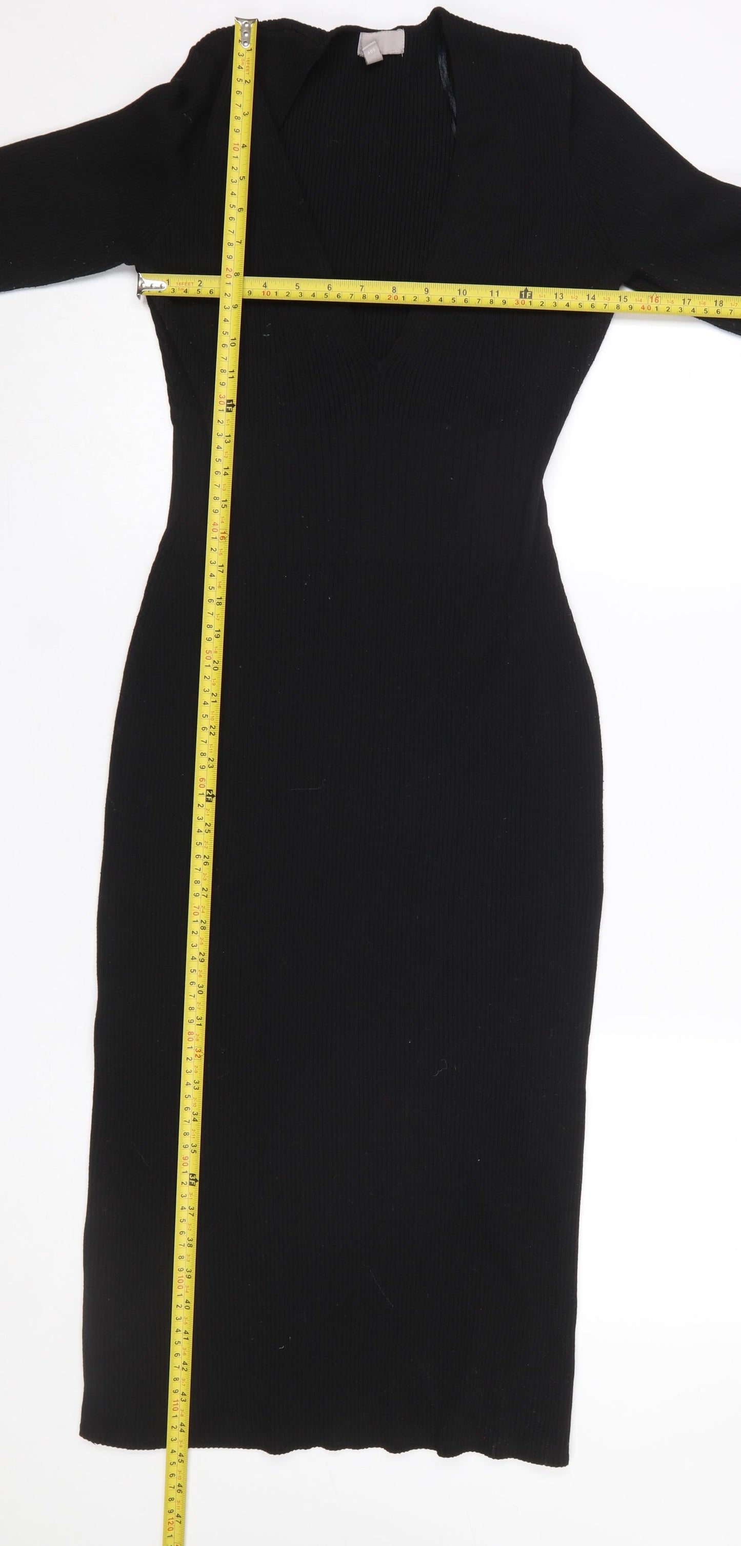 H&M Women’s Black Knit Bodycon Midi Dress Size L Long Sleeve