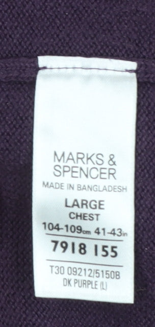 Marks and Spencer Men’s Purple Cotton V-Neck Jumper Size L