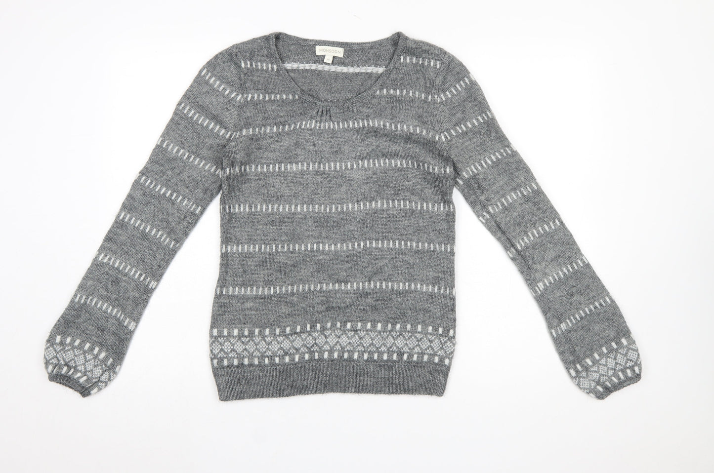 Monsoon Women Grey Wool Blend Fair Isle Long Sleeve Jumper M