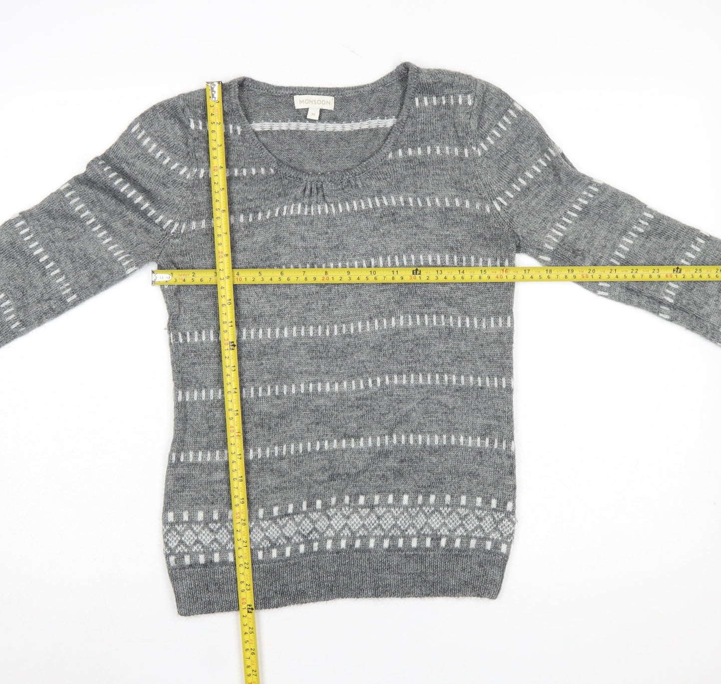 Monsoon Women Grey Wool Blend Fair Isle Long Sleeve Jumper M