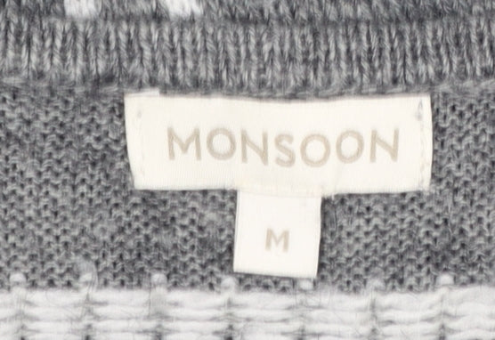 Monsoon Women Grey Wool Blend Fair Isle Long Sleeve Jumper M