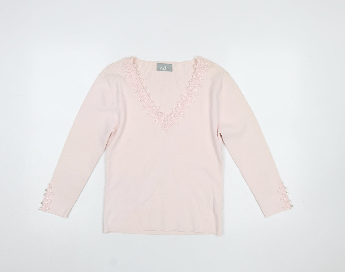Wallis Women Pink V-Neck Long Sleeve Beaded Jumper Size 12