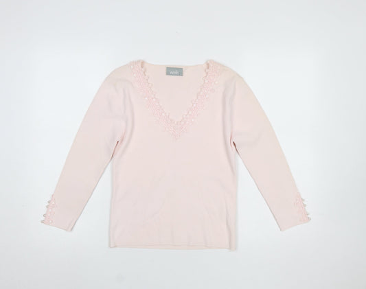 Wallis Women Pink V-Neck Long Sleeve Beaded Jumper Size 12
