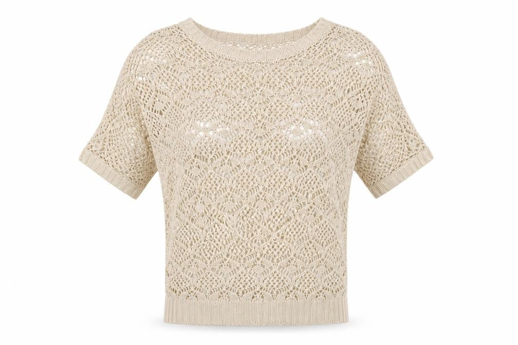 Amisu Womens Beige Crochet Short Sleeve Open-Knit Jumper XS