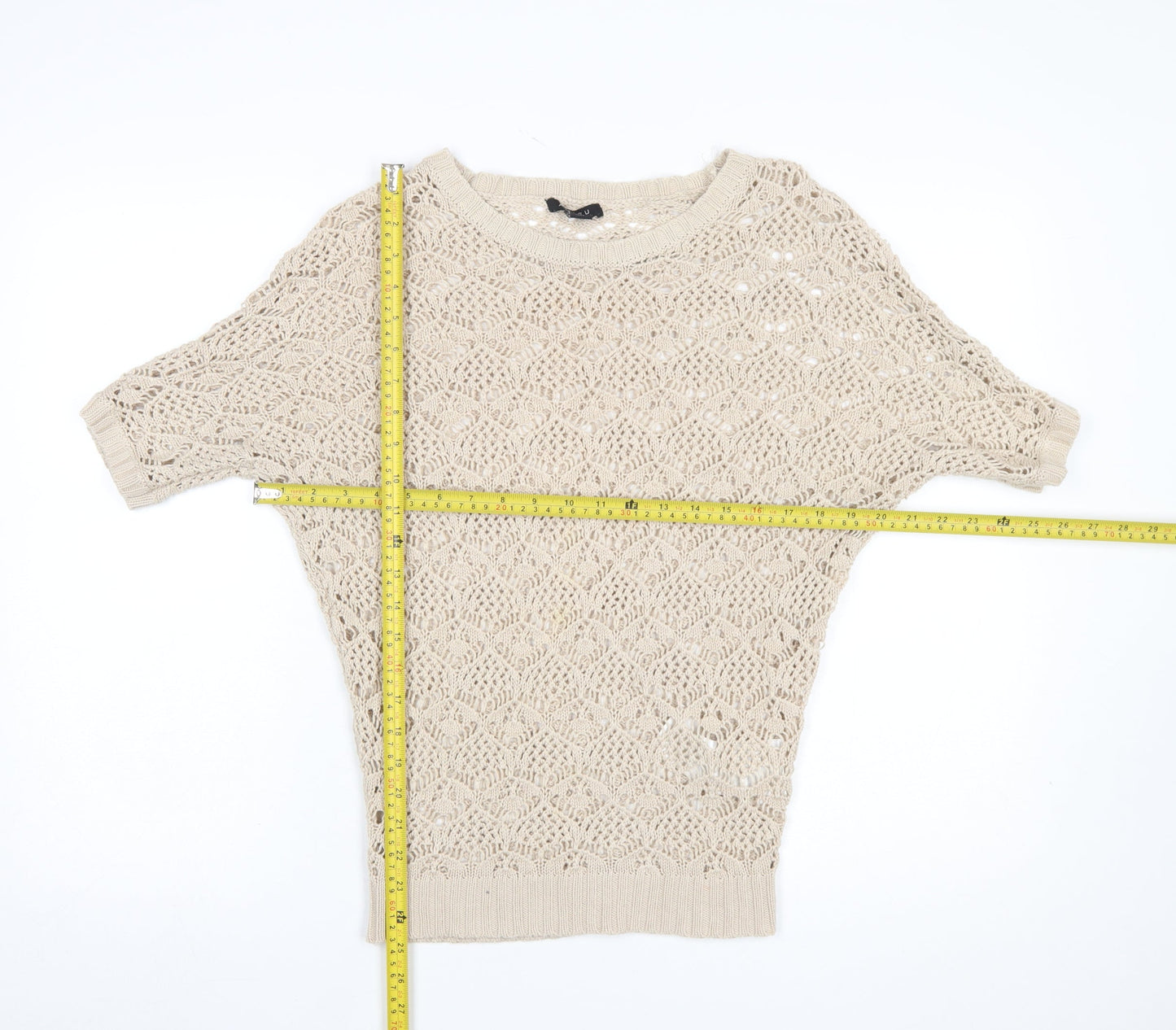 Amisu Womens Beige Crochet Short Sleeve Open-Knit Jumper XS
