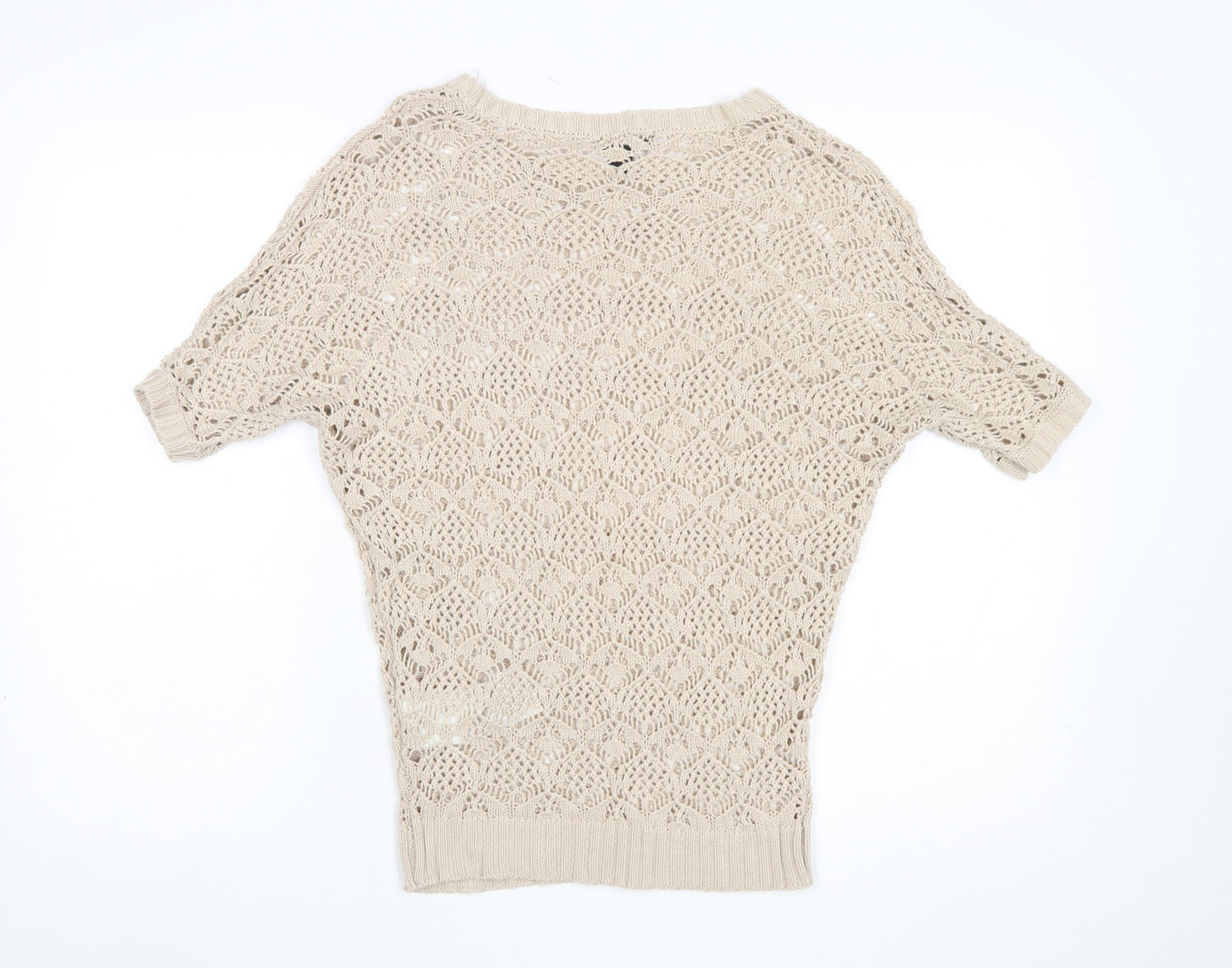 Amisu Womens Beige Crochet Short Sleeve Open-Knit Jumper XS