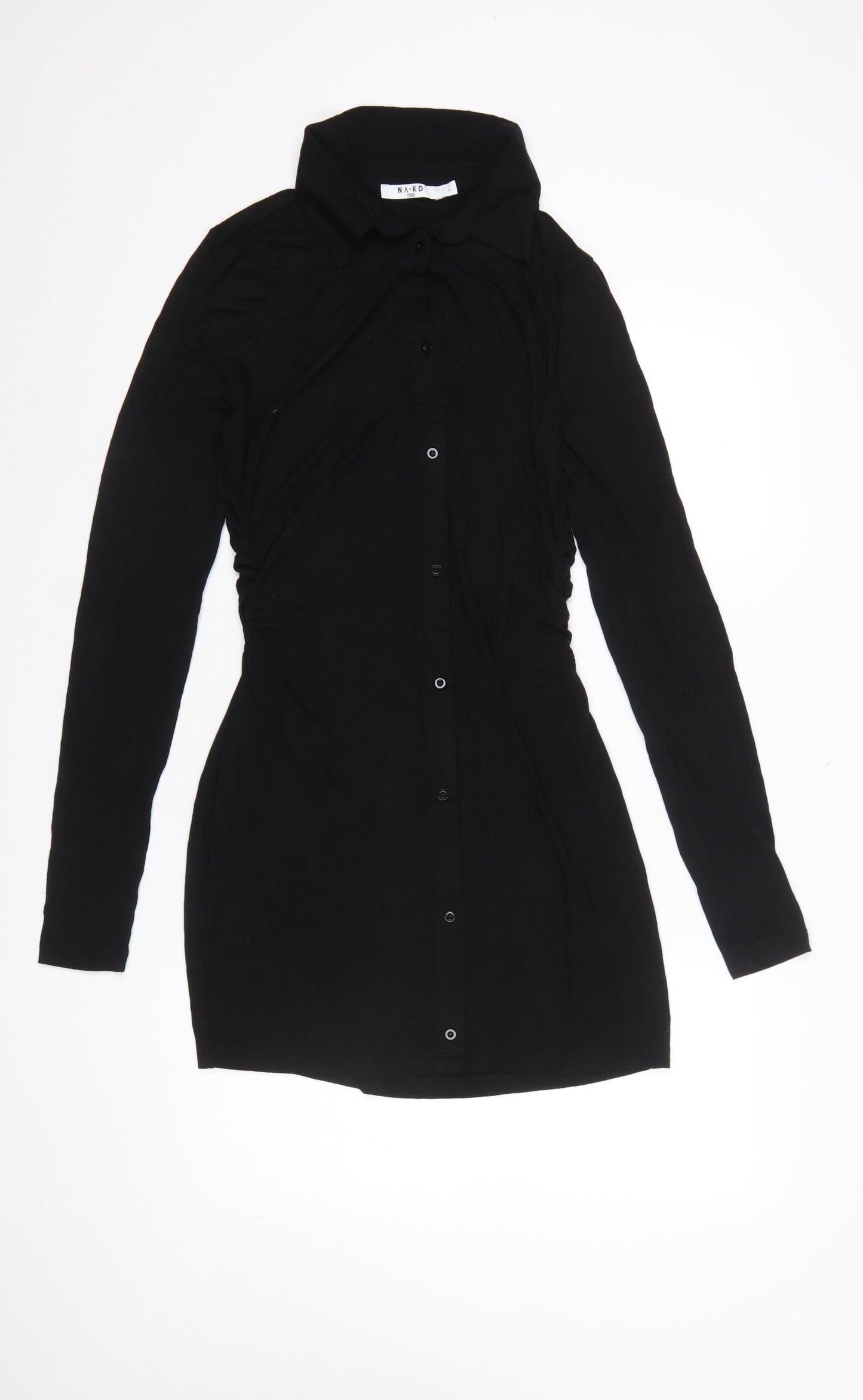 NA-KD Women Black Long Sleeve Collared Shirt Dress L