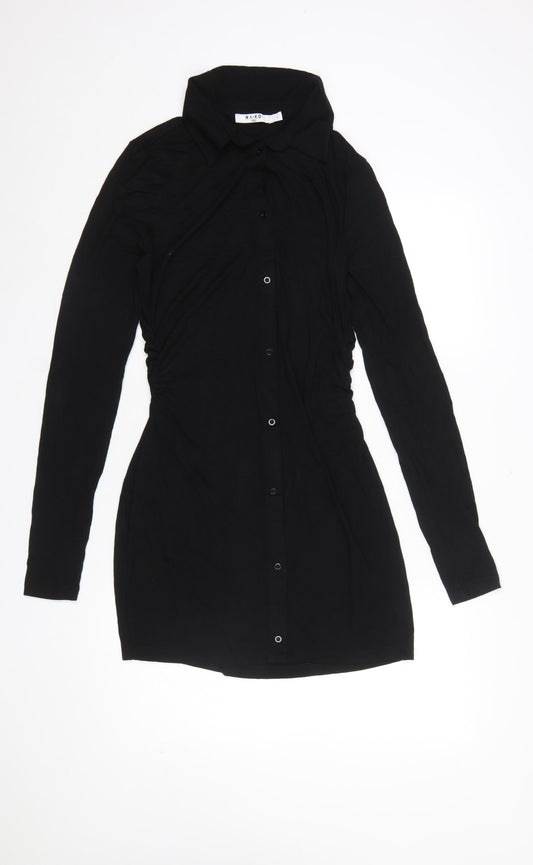 NA-KD Women Black Long Sleeve Collared Shirt Dress L