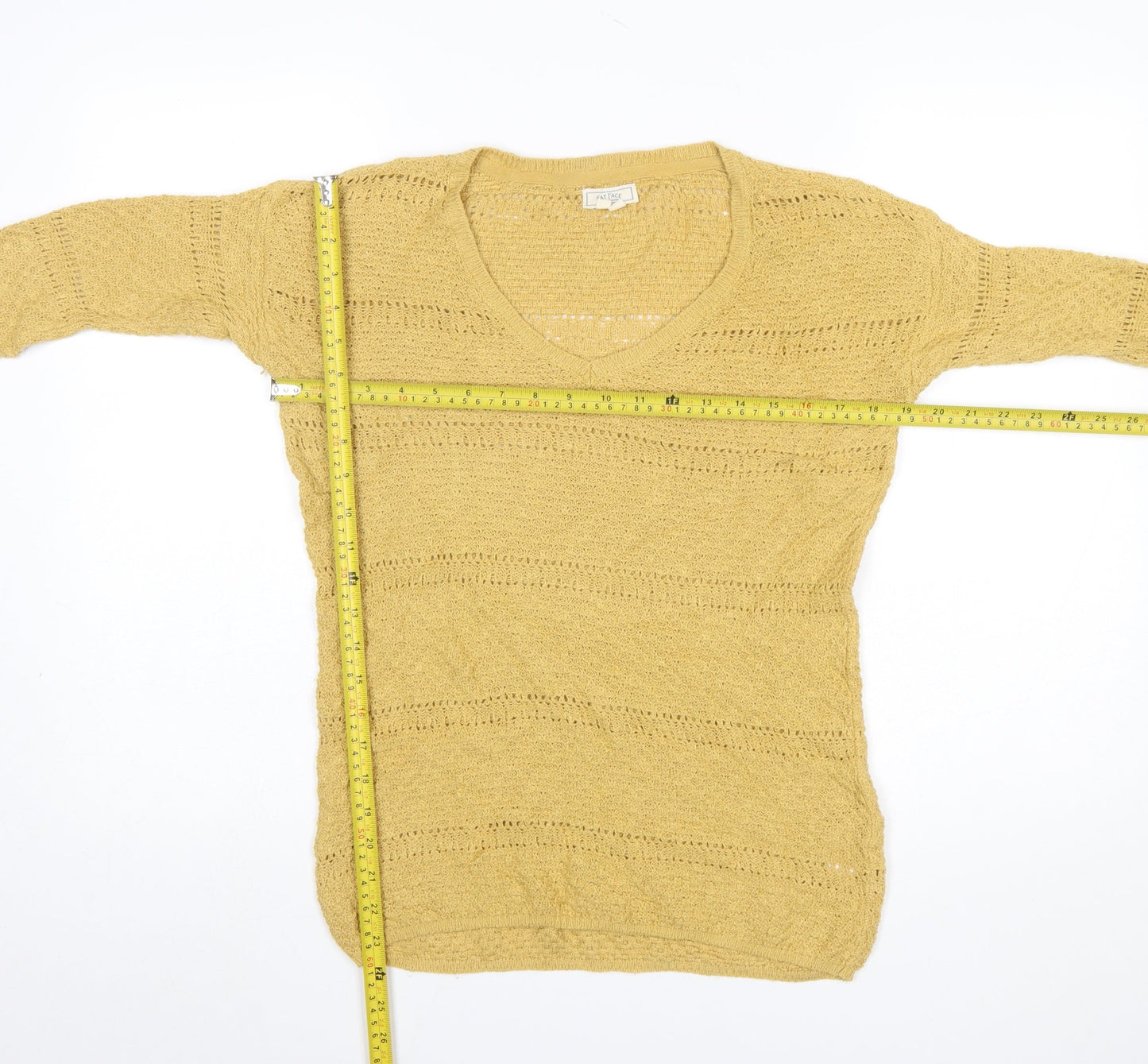Fat Face Women’s Yellow Cotton Open-Knit V-Neck Jumper UK 8