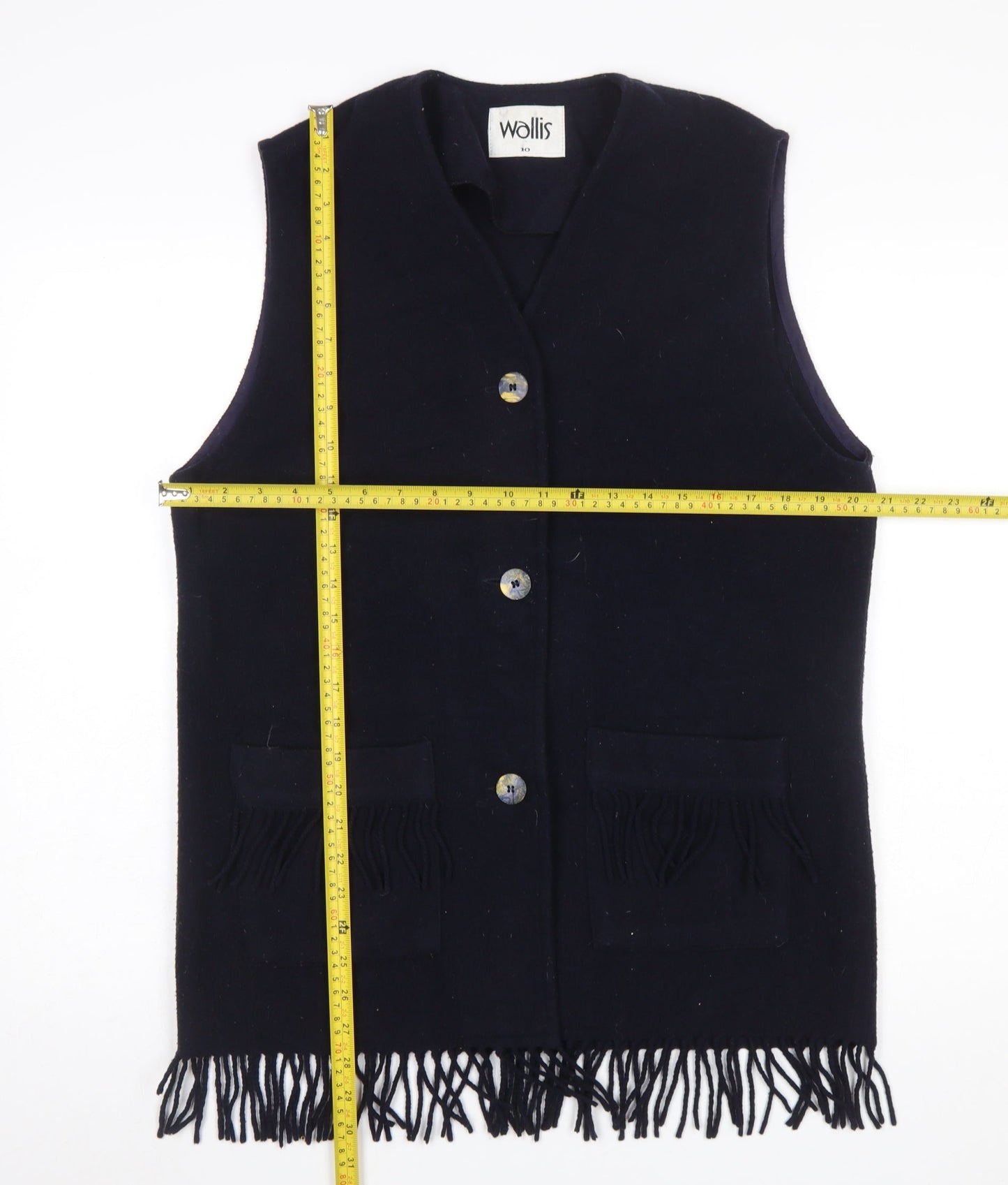 Wallis Women's Black Wool Waistcoat Fringe Hem Size 10