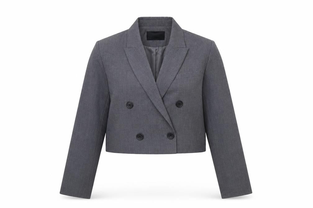 Stradivarius Women Grey Cropped Double-Breasted Blazer Size 12 Tailored