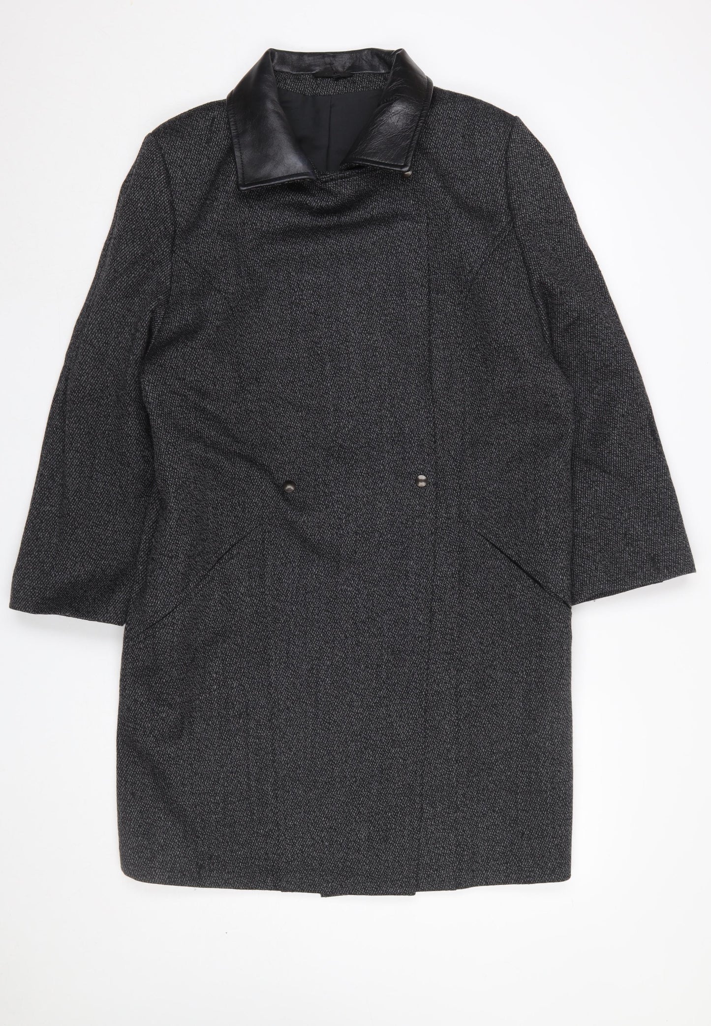 Next Women's Grey Wool Blend Leather Trim Long Overcoat Size 12