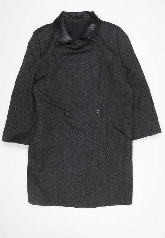 Next Women's Grey Wool Blend Leather Trim Long Overcoat Size 12