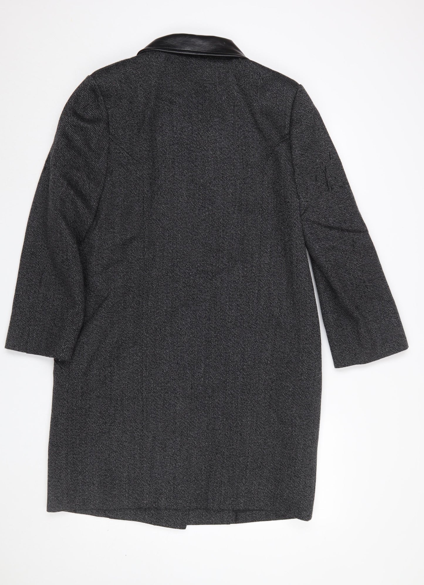 Next Women's Grey Wool Blend Leather Trim Long Overcoat Size 12
