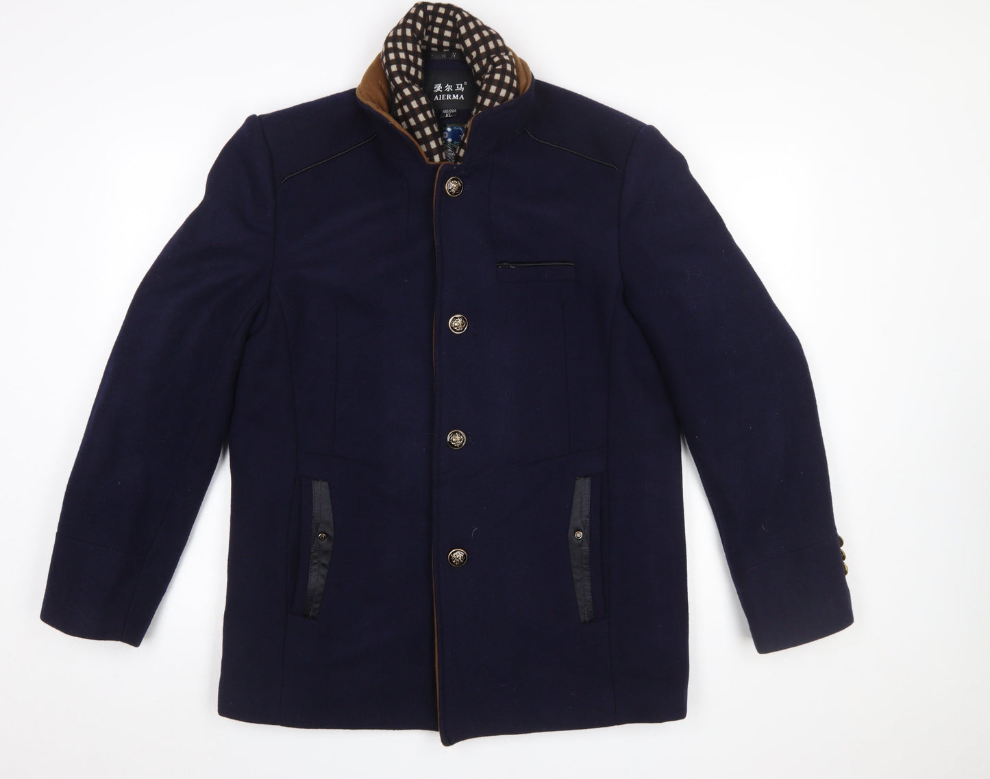 AIERMA Men's Blue Wool Blend Mid-Length Overcoat L