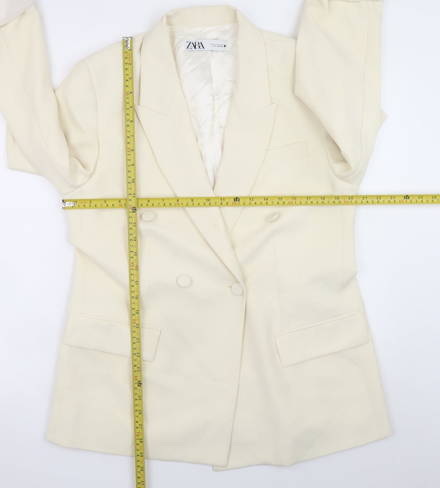 Zara Women Ivory Blazer XL Regular Fit Mid-Length Jacket